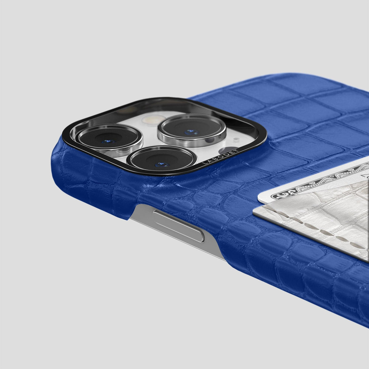 Royal Blue iPhone 15 Pro Double Card Case Alligator & Himalayan Crocodile with Black Metal -5 | Royal-Blue-Black
