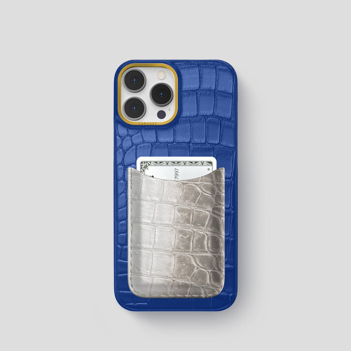 Royal Blue iPhone 15 Pro Double Card Case Alligator & Himalayan Crocodile with Gold Metal -1 | Royal-Blue-Gold
