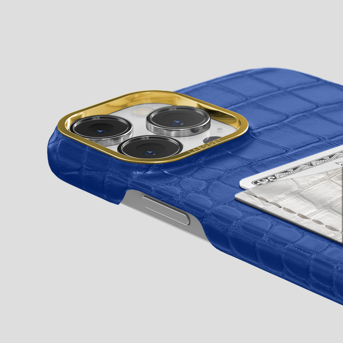 Royal Blue iPhone 15 Pro Double Card Case Alligator & Himalayan Crocodile with Gold Metal -5 | Royal-Blue-Gold