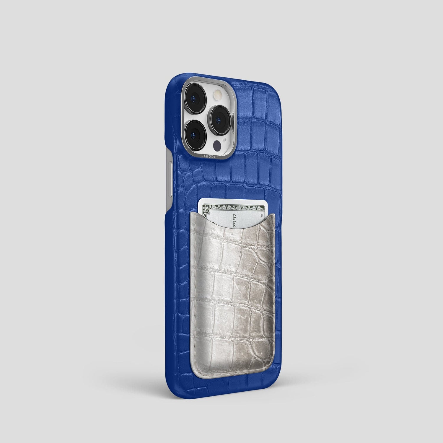 Royal Blue iPhone 15 Pro Double Card Case Alligator & Himalayan Crocodile with Steel Metal -2 | Royal-Blue-Steel
