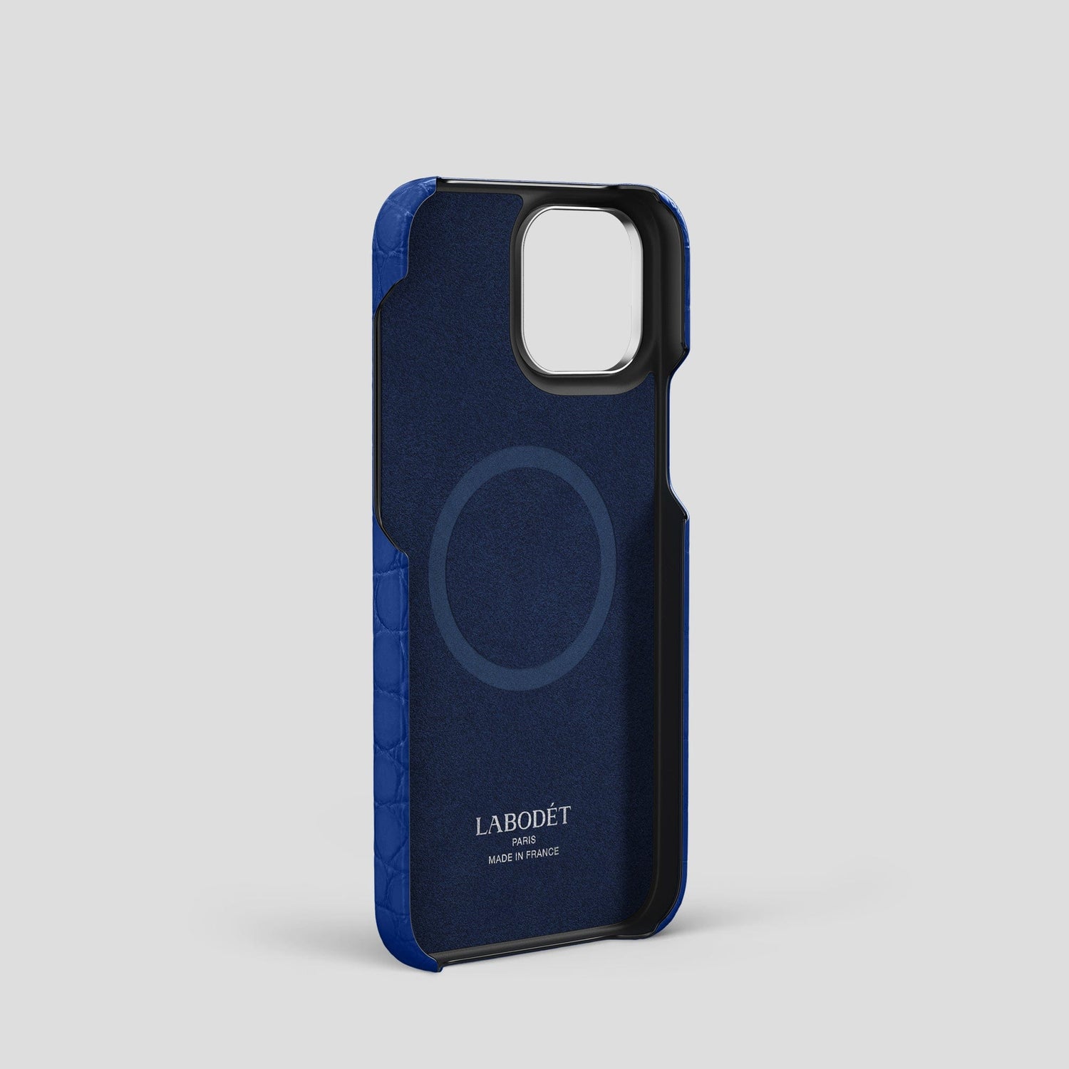 Royal Blue iPhone 15 Pro Double Card Case Alligator & Himalayan Crocodile with Steel Metal -4 | Royal-Blue-Steel