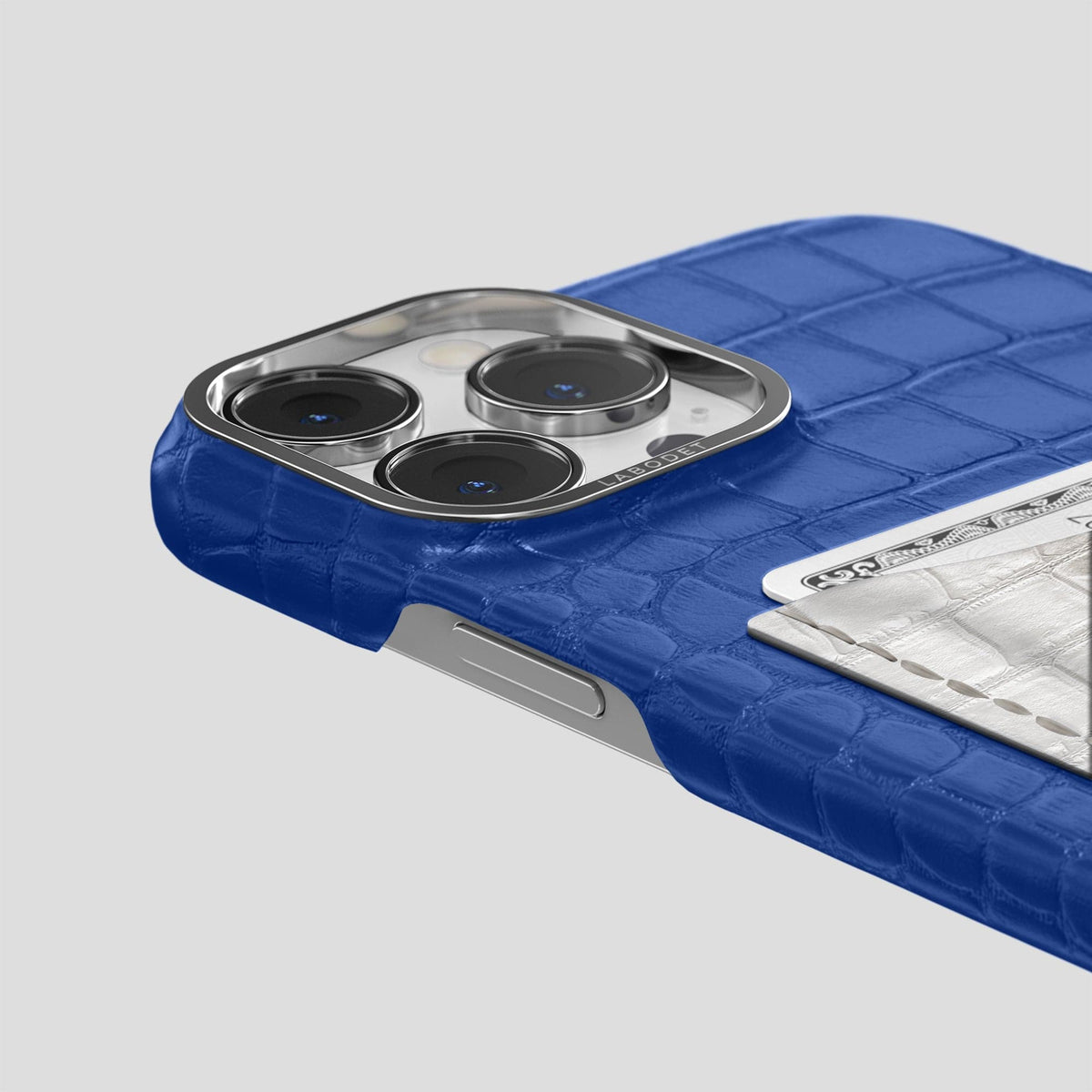 Royal Blue iPhone 15 Pro Double Card Case Alligator & Himalayan Crocodile with Steel Metal -5 | Royal-Blue-Steel