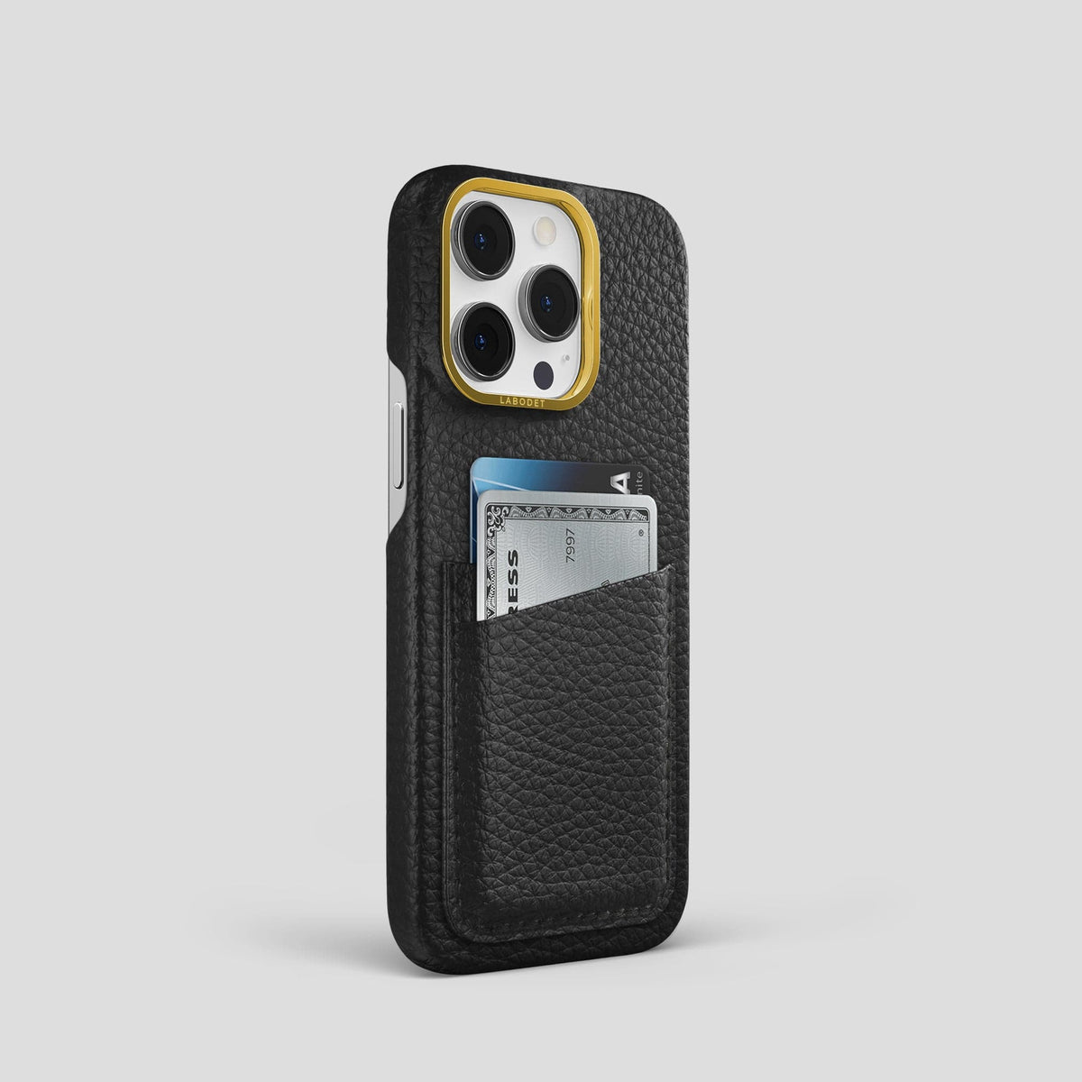 Black iPhone 15 Pro Card Case Calf with Gold Metal -2 | Black-Gold