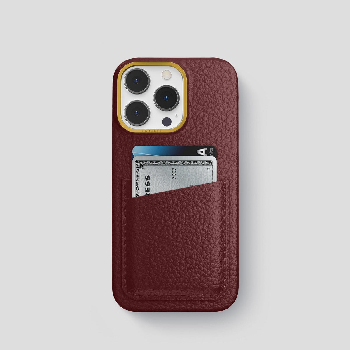 Bordeaux iPhone 15 Pro Card Case Calf with Gold Metal -1 | Bordeaux-Gold