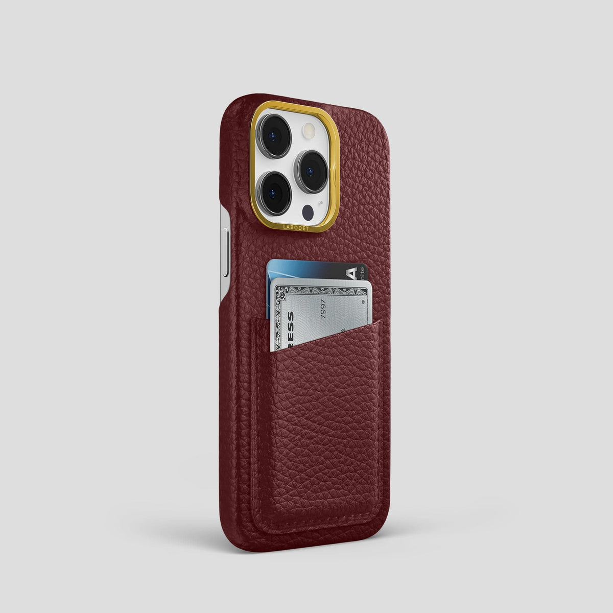 Bordeaux iPhone 15 Pro Card Case Calf with Gold Metal -2 | Bordeaux-Gold