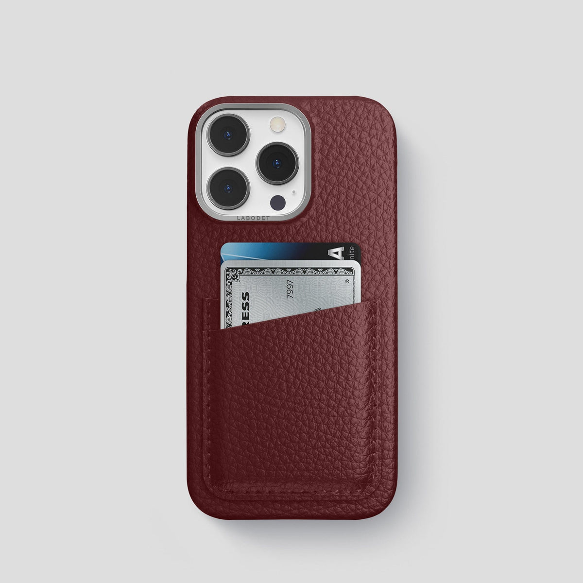 Bordeaux iPhone 15 Pro Card Case Calf with Steel Metal -1 | Bordeaux-Steel