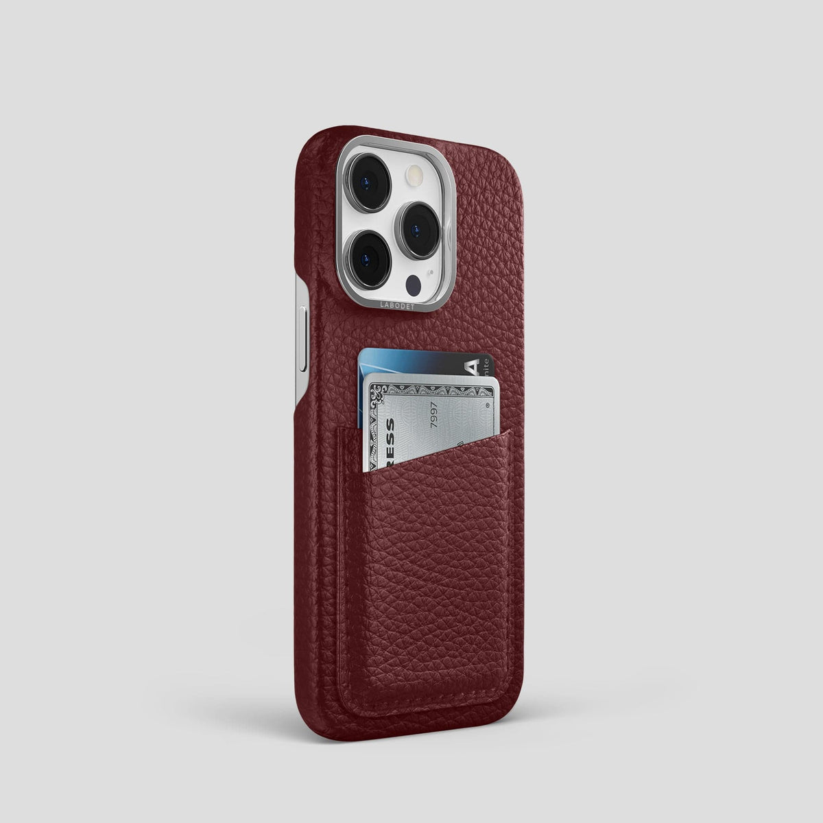 Bordeaux iPhone 15 Pro Card Case Calf with Steel Metal -2 | Bordeaux-Steel