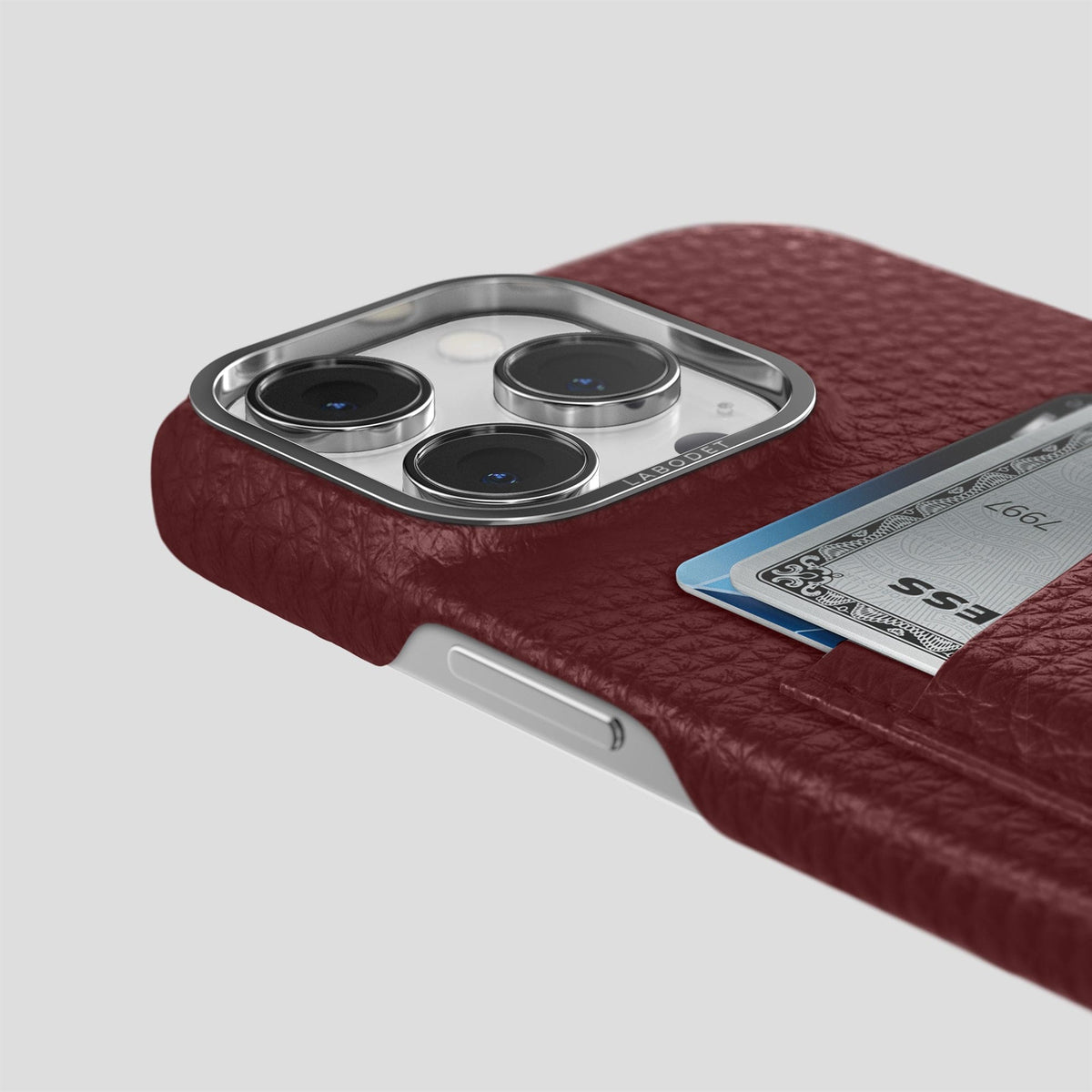 Bordeaux iPhone 15 Pro Card Case Calf with Steel Metal -5 | Bordeaux-Steel