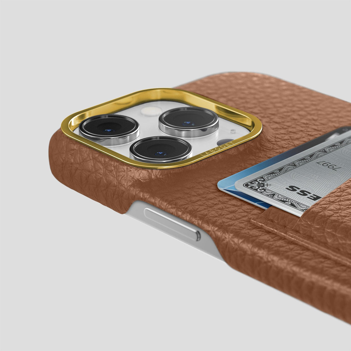 Caramel iPhone 15 Pro Card Case Calf with Gold Metal -5 | Caramel-Gold