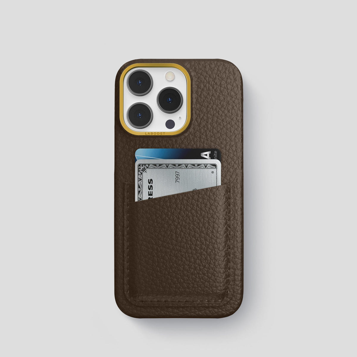 Dark Brown iPhone 15 Pro Card Case Calf with Gold Metal -1 | Dark-Brown-Gold