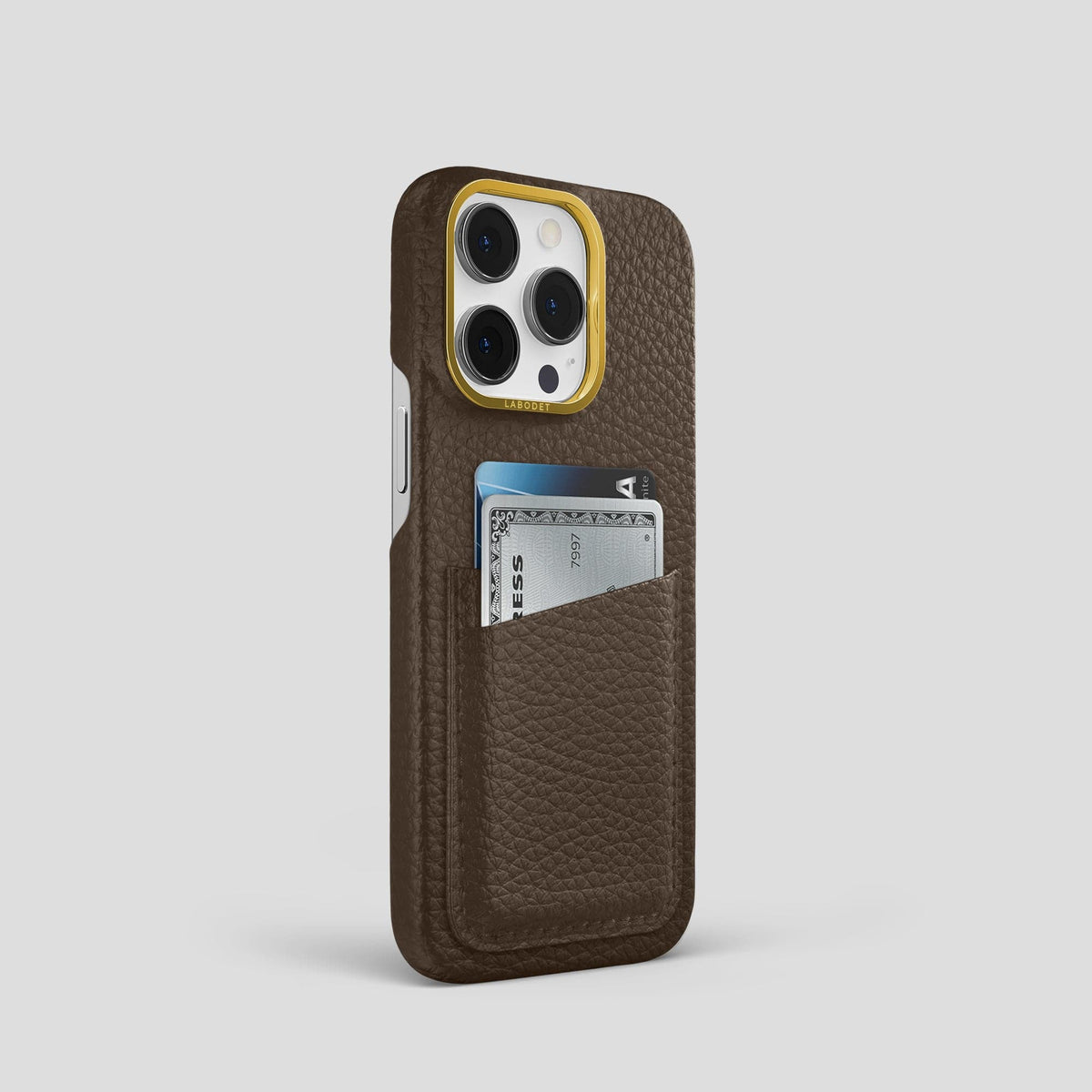 Dark Brown iPhone 15 Pro Card Case Calf with Gold Metal -2 | Dark-Brown-Gold