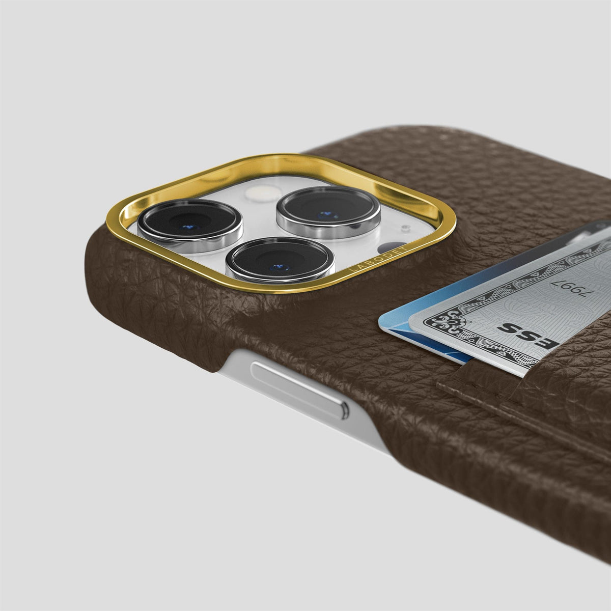 Dark Brown iPhone 15 Pro Card Case Calf with Gold Metal -5 | Dark-Brown-Gold