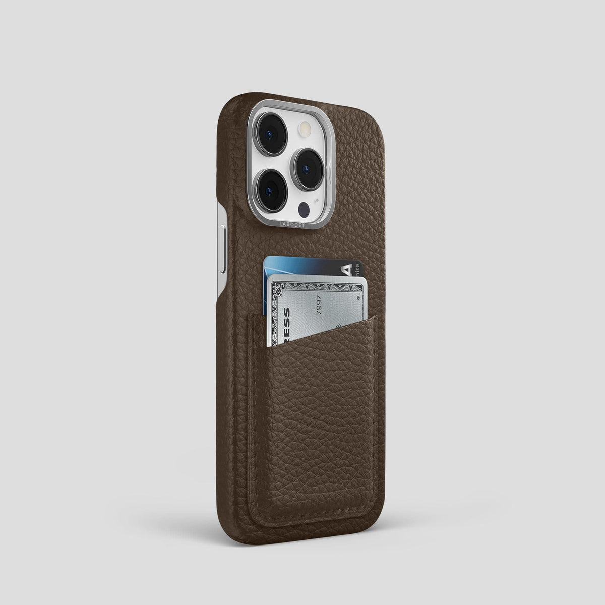Dark Brown iPhone 15 Pro Card Case Calf with Steel Metal -2 | Dark-Brown-Steel
