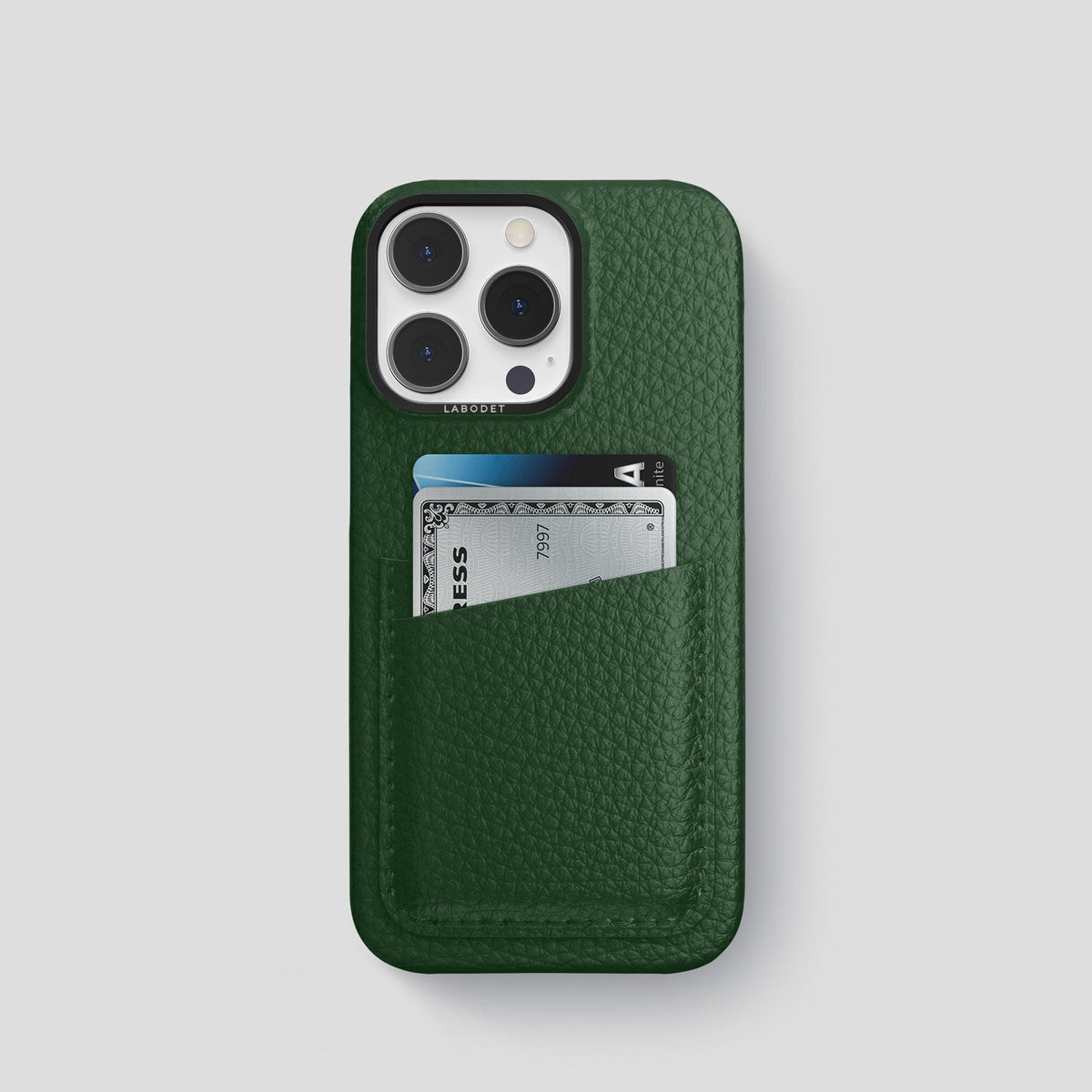 Dark Green iPhone 15 Pro Card Case Calf with Black Metal -1 | Dark-Green-Black