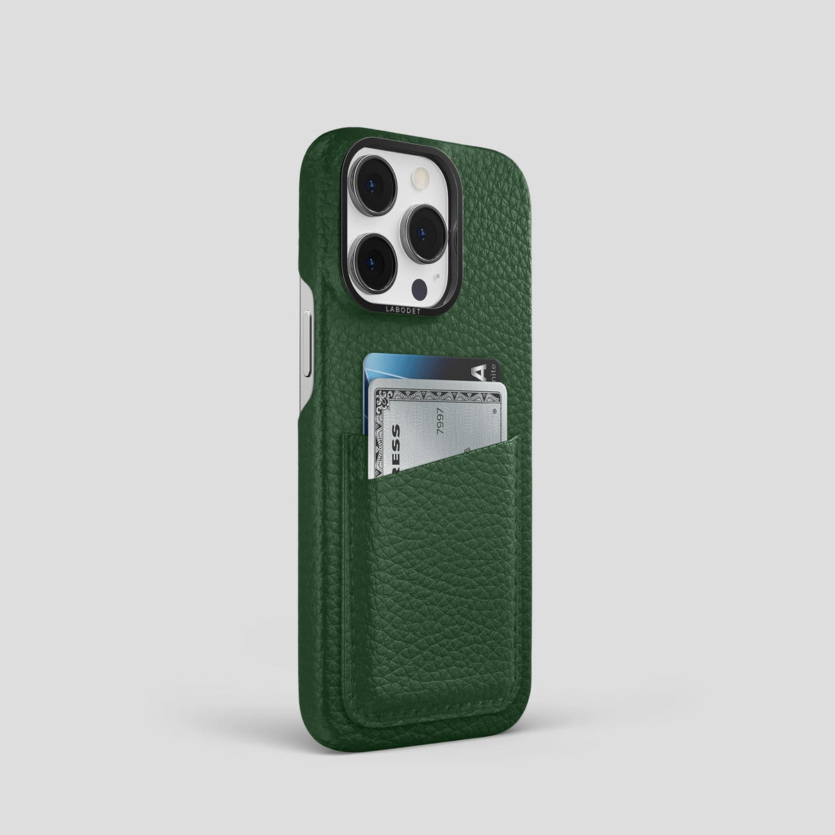 Dark Green iPhone 15 Pro Card Case Calf with Black Metal -2 | Dark-Green-Black
