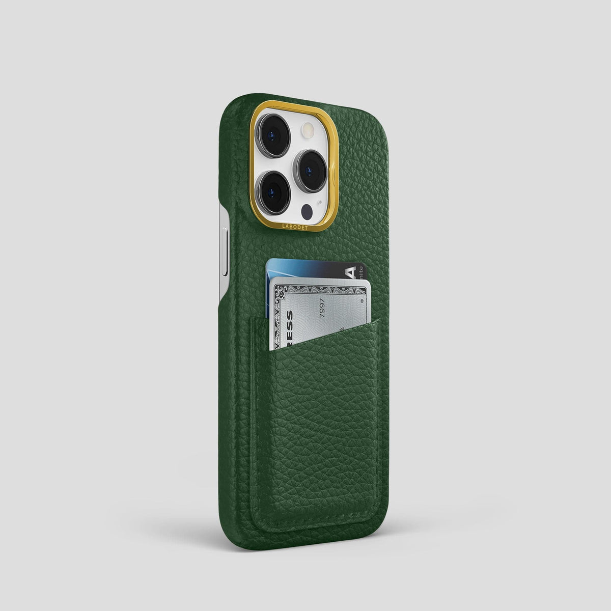Dark Green iPhone 15 Pro Card Case Calf with Gold Metal -2 | Dark-Green-Gold