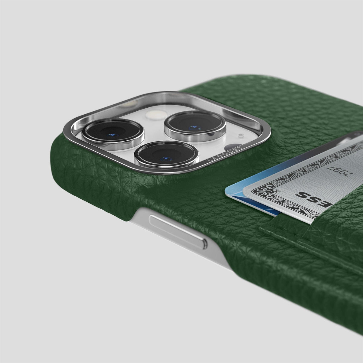 Dark Green iPhone 15 Pro Card Case Calf with Steel Metal -5 | Dark-Green-Steel