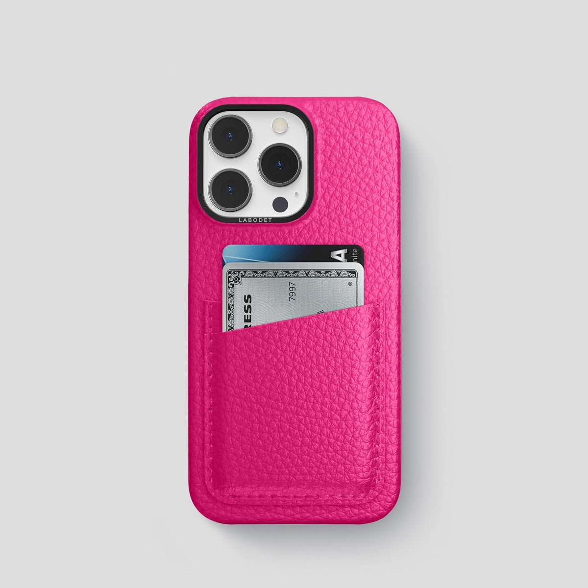 Magenta iPhone 15 Pro Card Case Calf with Black Metal -1 | Magenta-Black