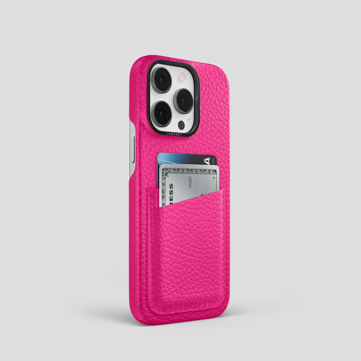 Magenta iPhone 15 Pro Card Case Calf with Black Metal -2 | Magenta-Black