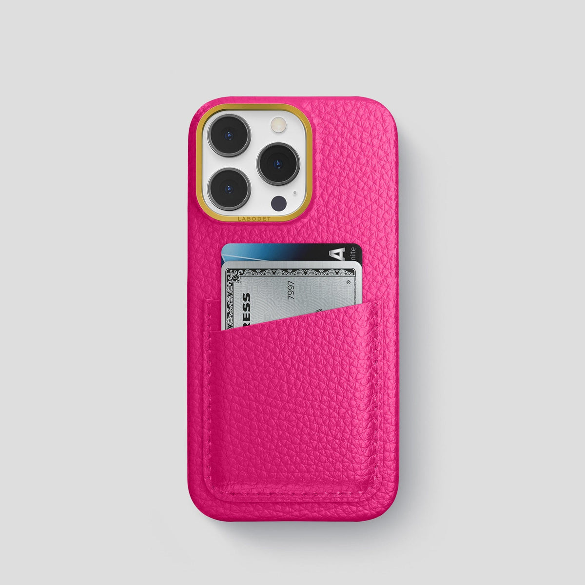Magenta iPhone 15 Pro Card Case Calf with Gold Metal -1 | Magenta-Gold