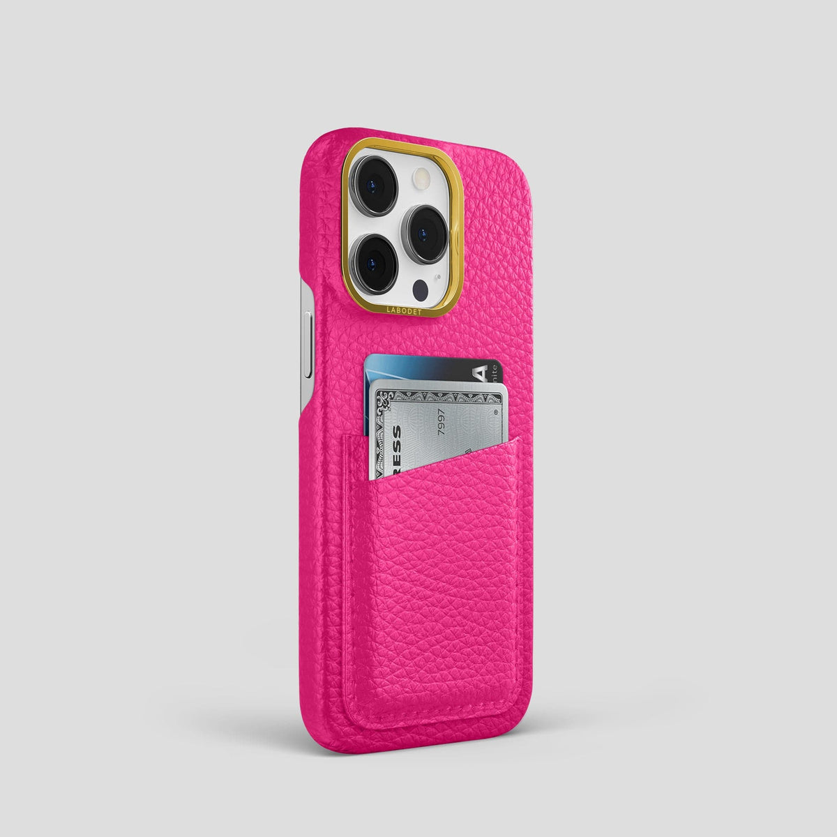 Magenta iPhone 15 Pro Card Case Calf with Gold Metal -2 | Magenta-Gold