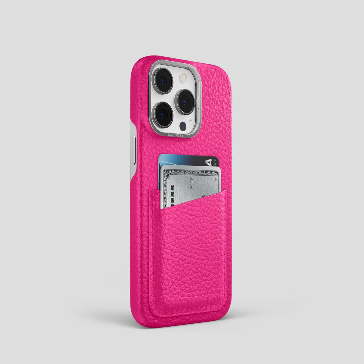 Magenta iPhone 15 Pro Card Case Calf with Steel Metal -2 | Magenta-Steel