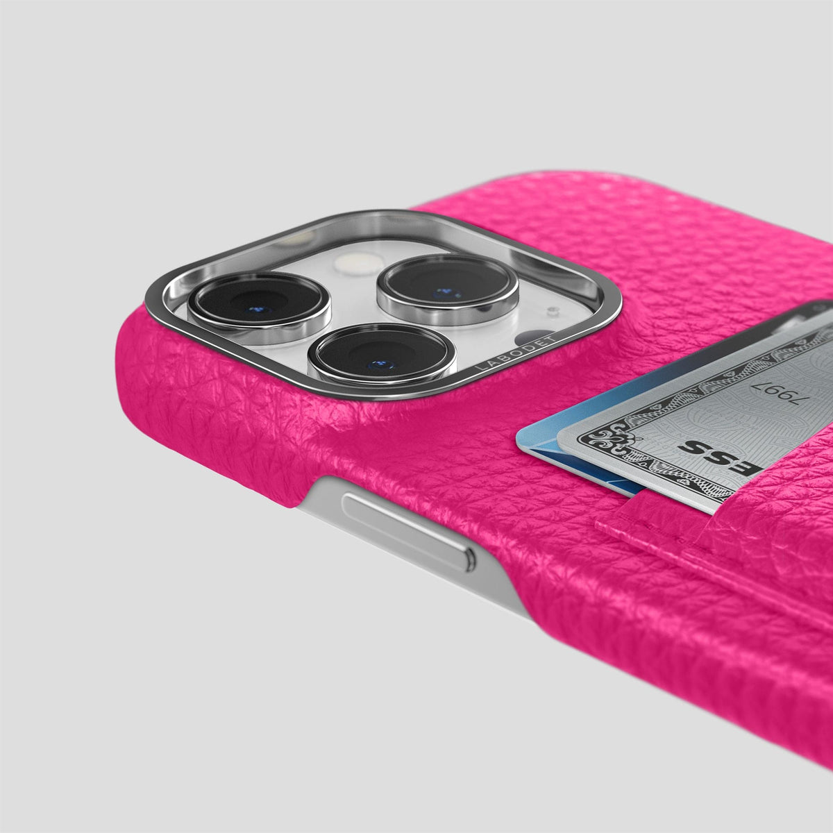 Magenta iPhone 15 Pro Card Case Calf with Steel Metal -5 | Magenta-Steel