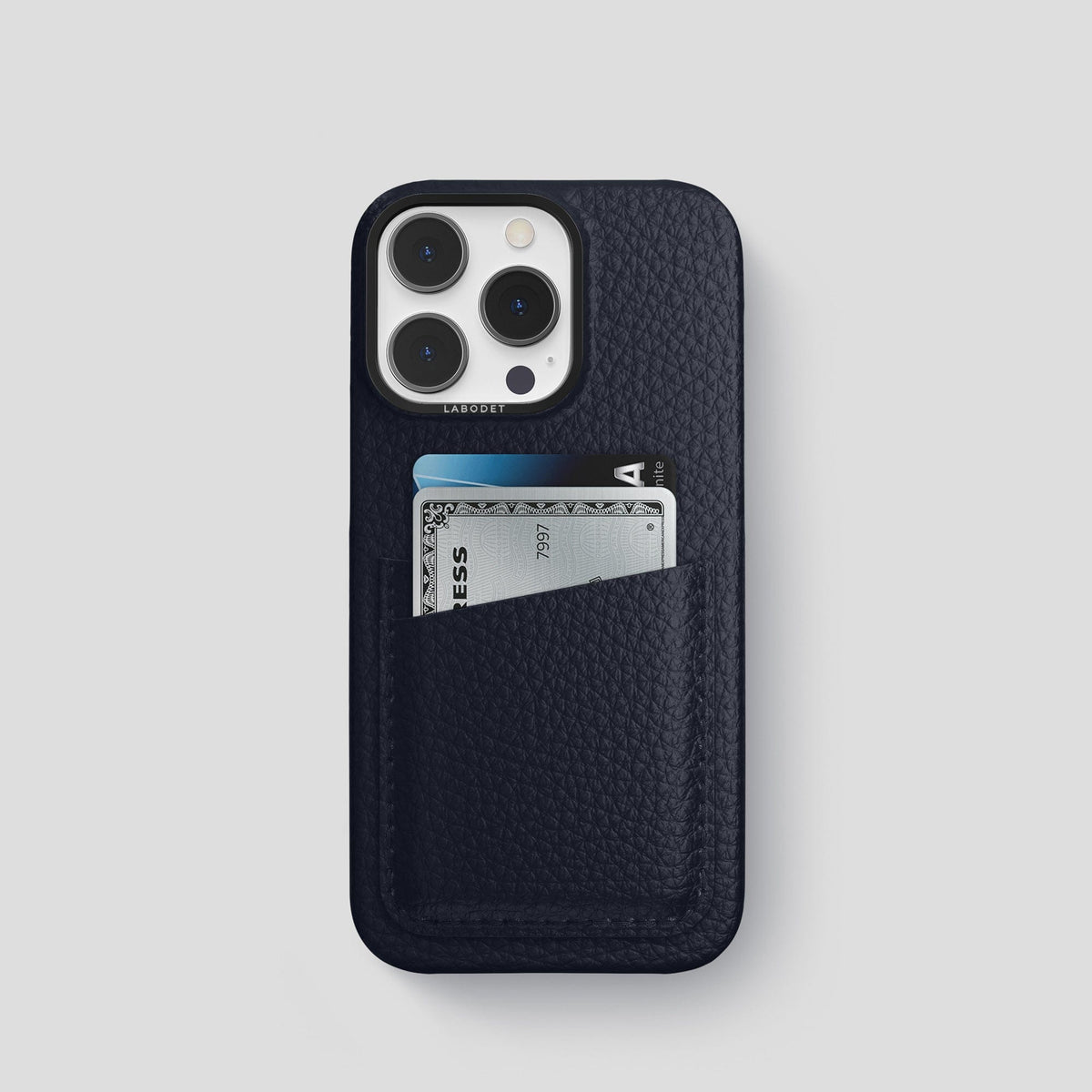 Marine iPhone 15 Pro Card Case Calf with Black Metal -1 | Marine-Black