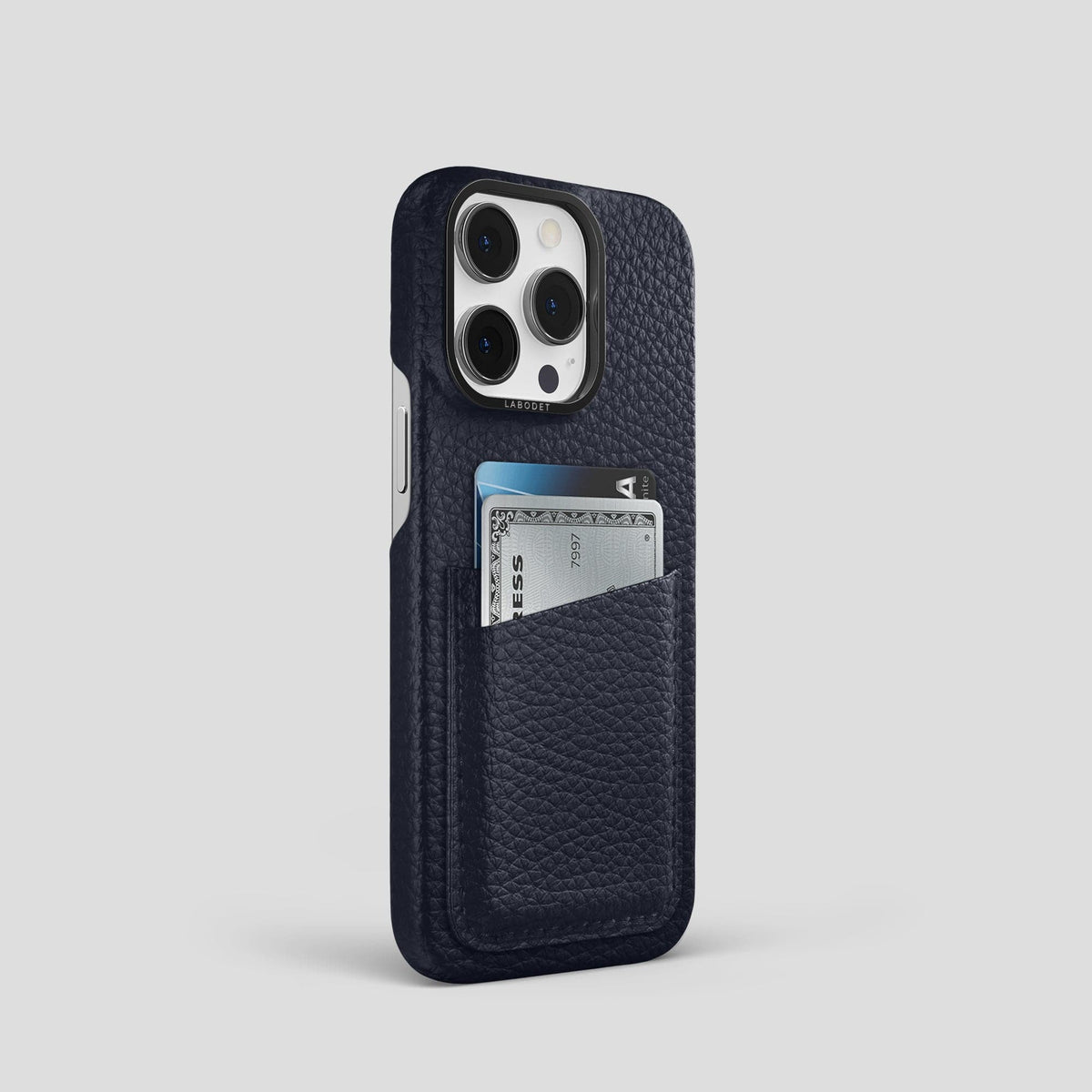 Marine iPhone 15 Pro Card Case Calf with Black Metal -2 | Marine-Black