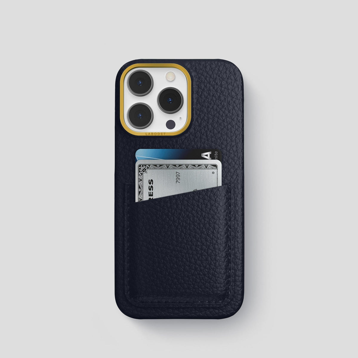 Marine iPhone 15 Pro Card Case Calf with Gold Metal -1 | Marine-Gold