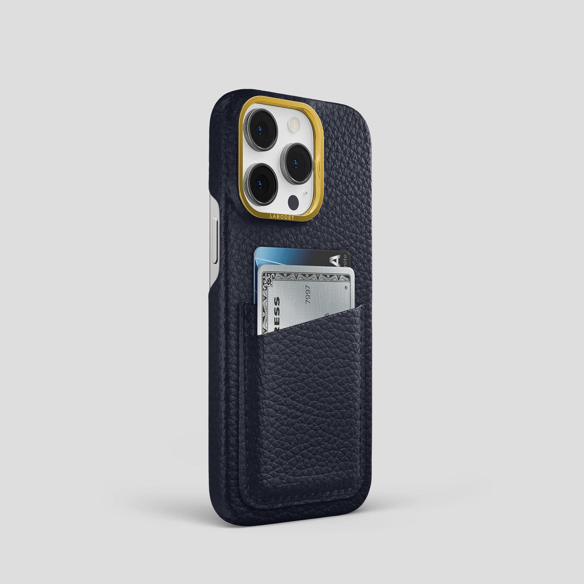 Marine iPhone 15 Pro Card Case Calf with Gold Metal -2 | Marine-Gold