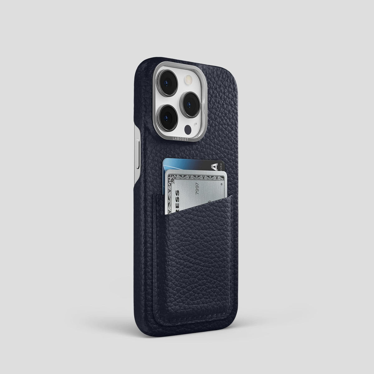 Marine iPhone 15 Pro Card Case Calf with Steel Metal -2 | Marine-Steel