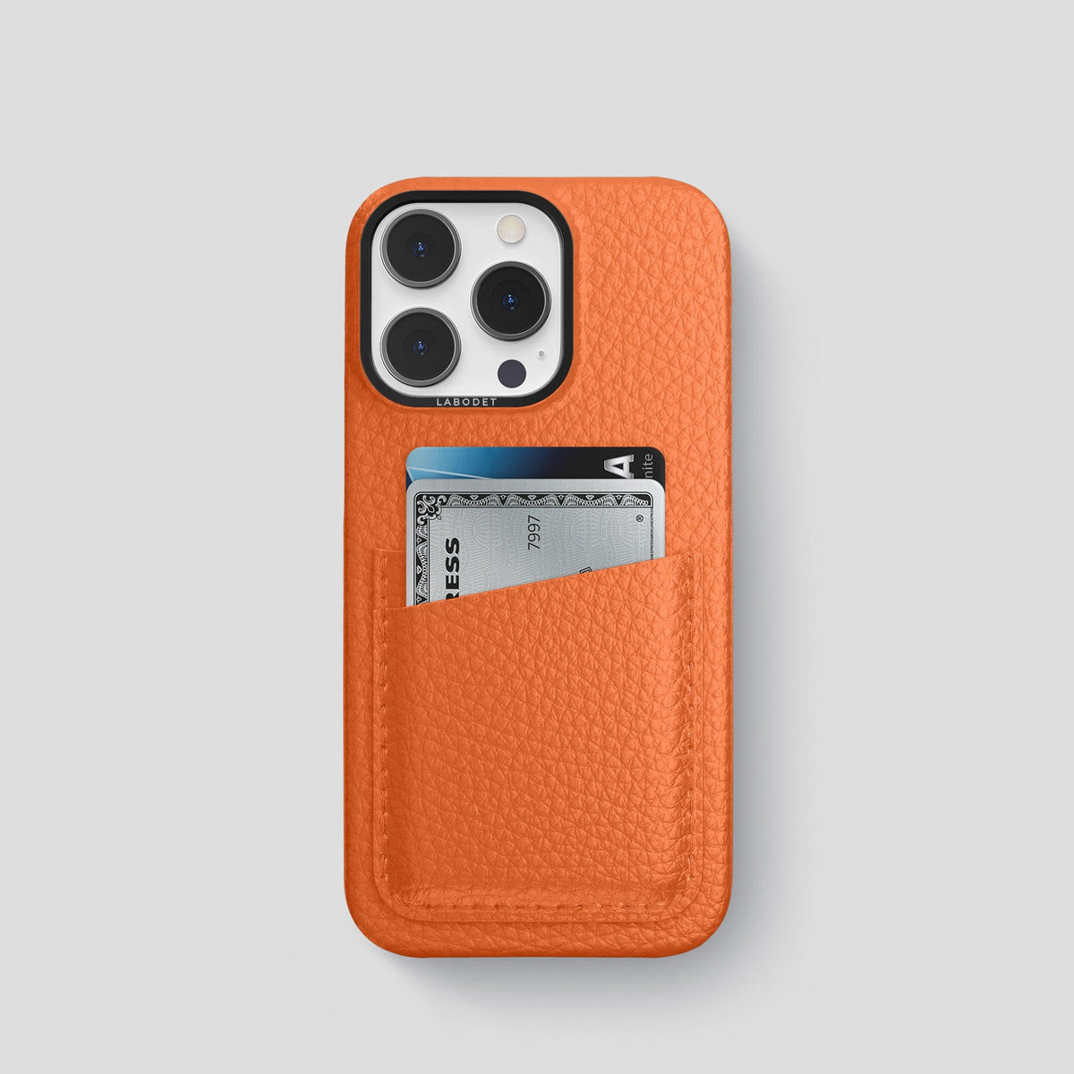 Orange iPhone 15 Pro Card Case Calf with Black Metal -1 | Orange-Black