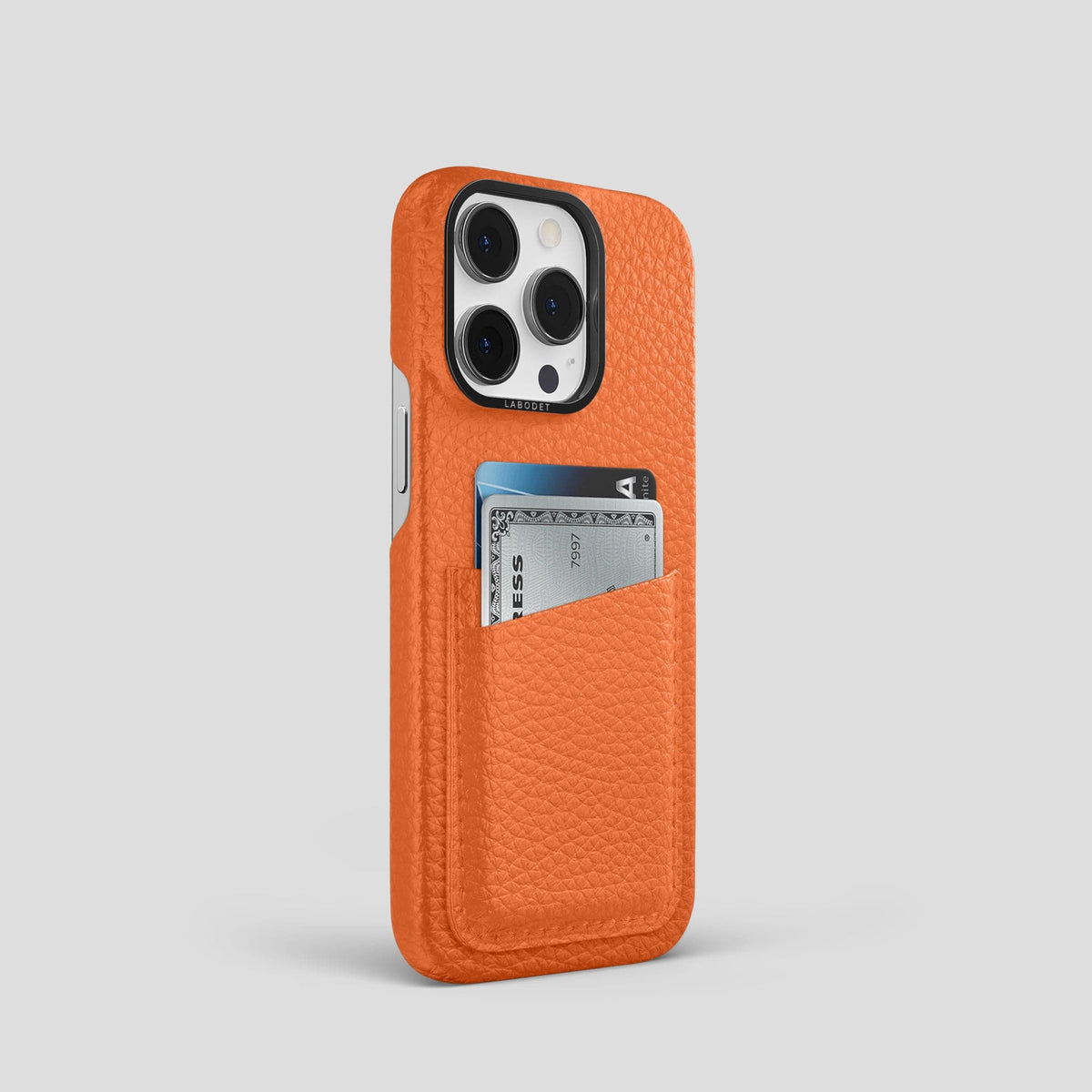 Orange iPhone 15 Pro Card Case Calf with Black Metal -2 | Orange-Black