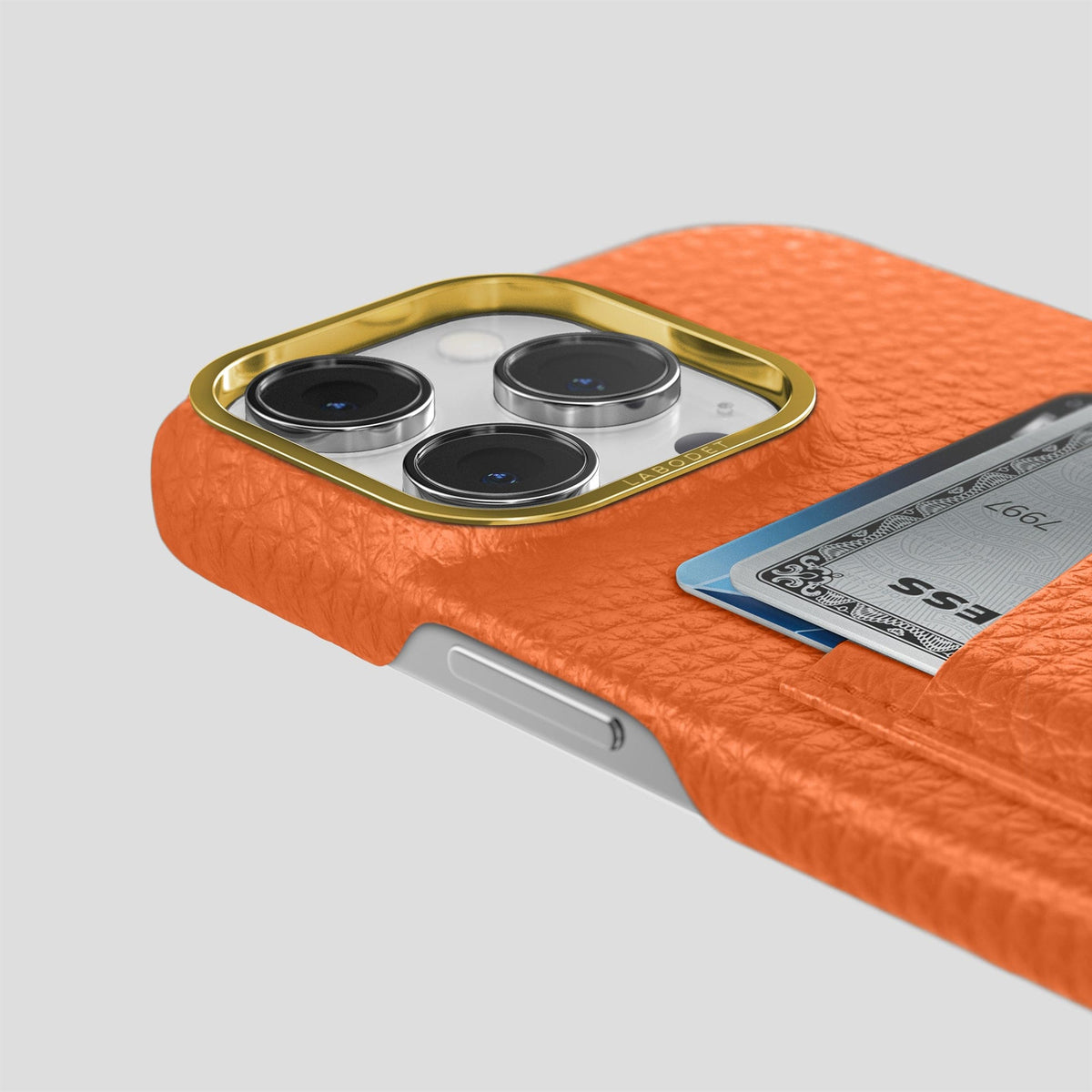 Orange iPhone 15 Pro Card Case Calf with Gold Metal -5 | Orange-Gold