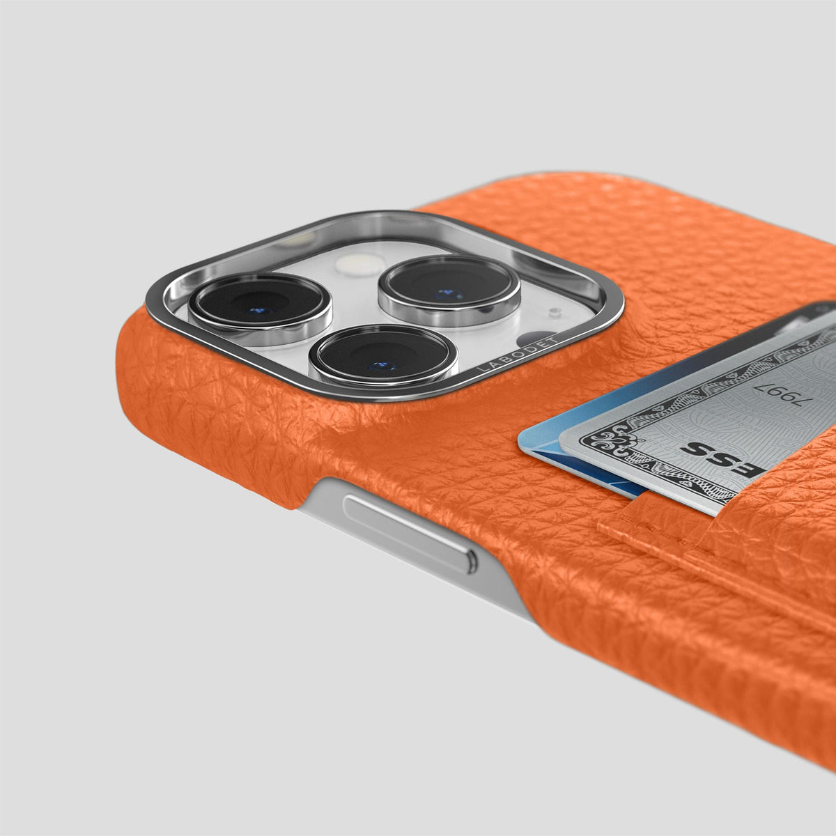 Orange iPhone 15 Pro Card Case Calf with Steel Metal -5 | Orange-Steel