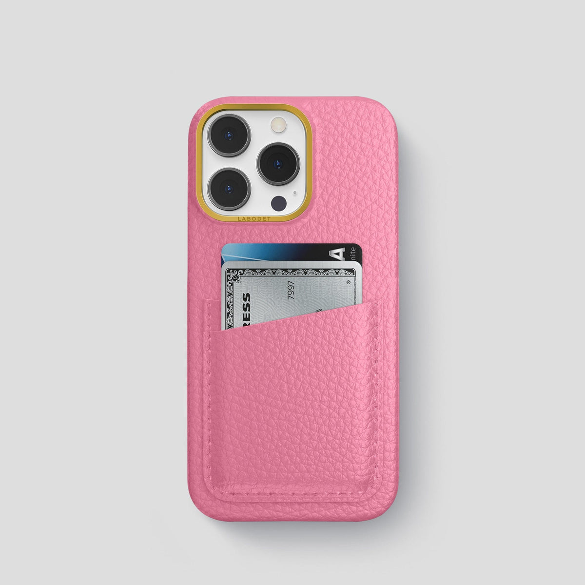 Pink iPhone 15 Pro Card Case Calf with Gold Metal -1 | Pink-Gold