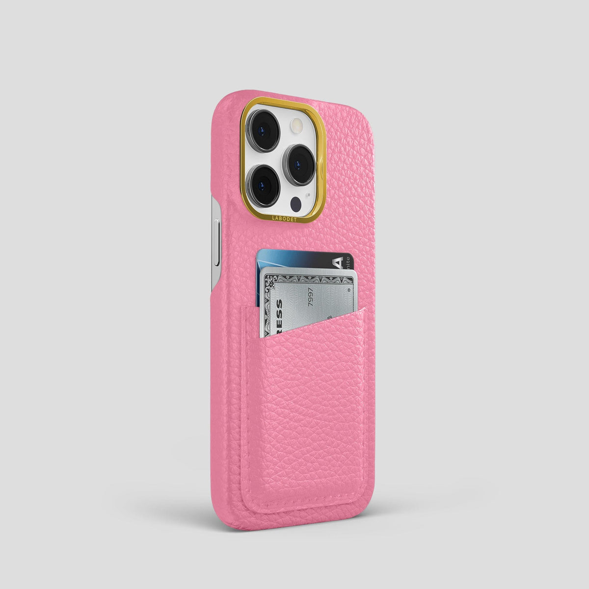 Pink iPhone 15 Pro Card Case Calf with Gold Metal -2 | Pink-Gold