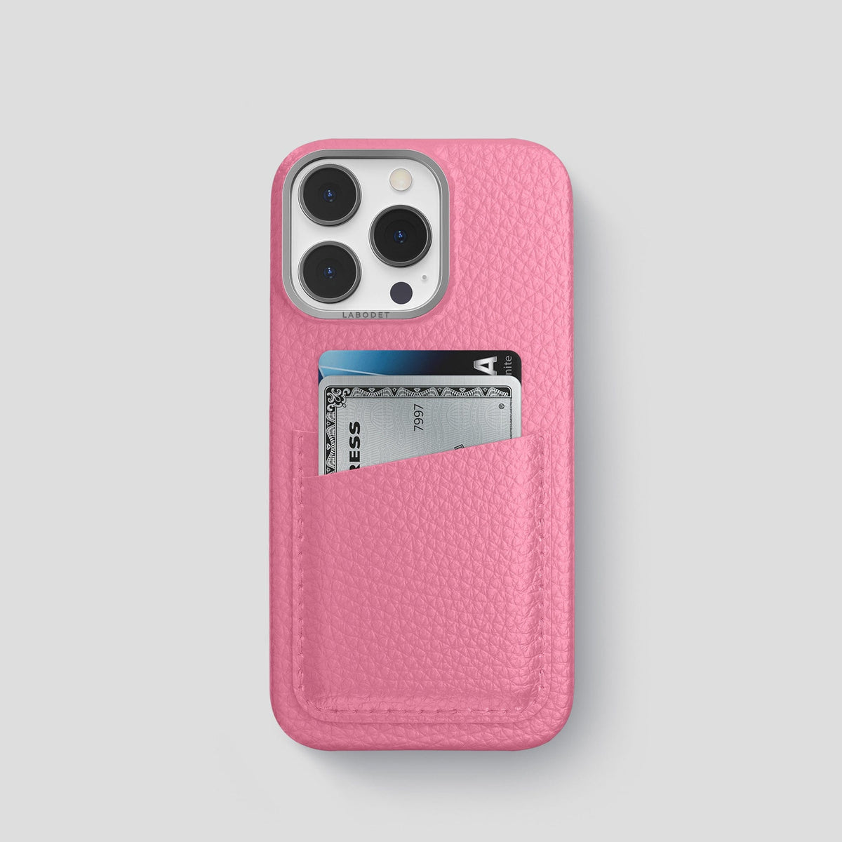 Pink iPhone 15 Pro Card Case Calf with Steel Metal -1 | Pink-Steel