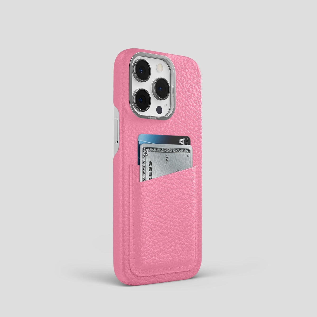 Pink iPhone 15 Pro Card Case Calf with Steel Metal -2 | Pink-Steel