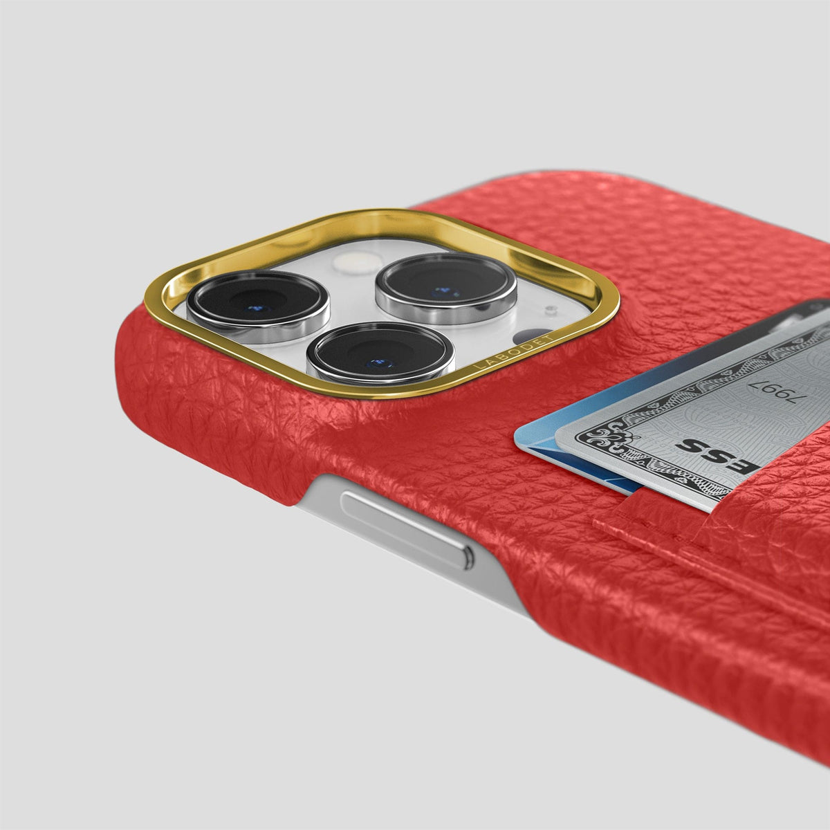 Red iPhone 15 Pro Card Case Calf with Gold Metal -5 | Red-Gold