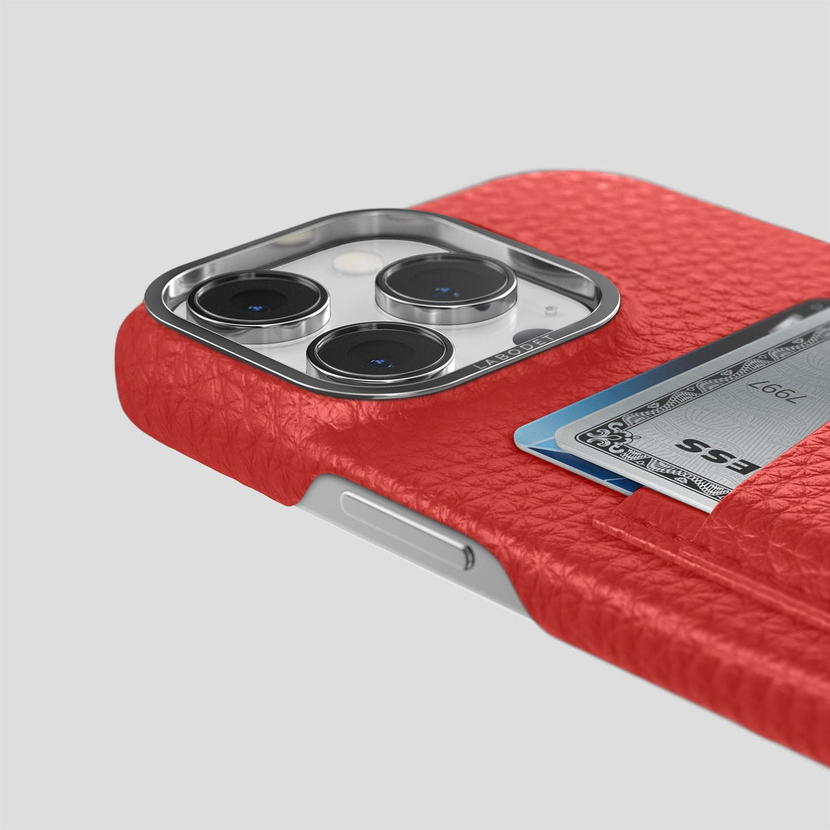 Red iPhone 15 Pro Card Case Calf with Steel Metal -5 | Red-Steel