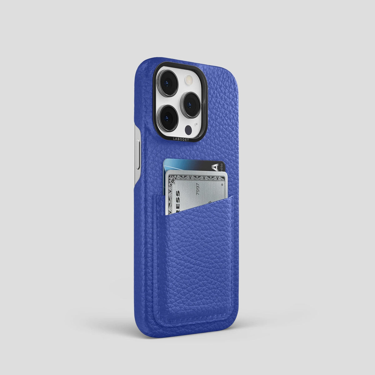 Royal Blue iPhone 15 Pro Card Case Calf with Black Metal -2 | Royal-Blue-Black