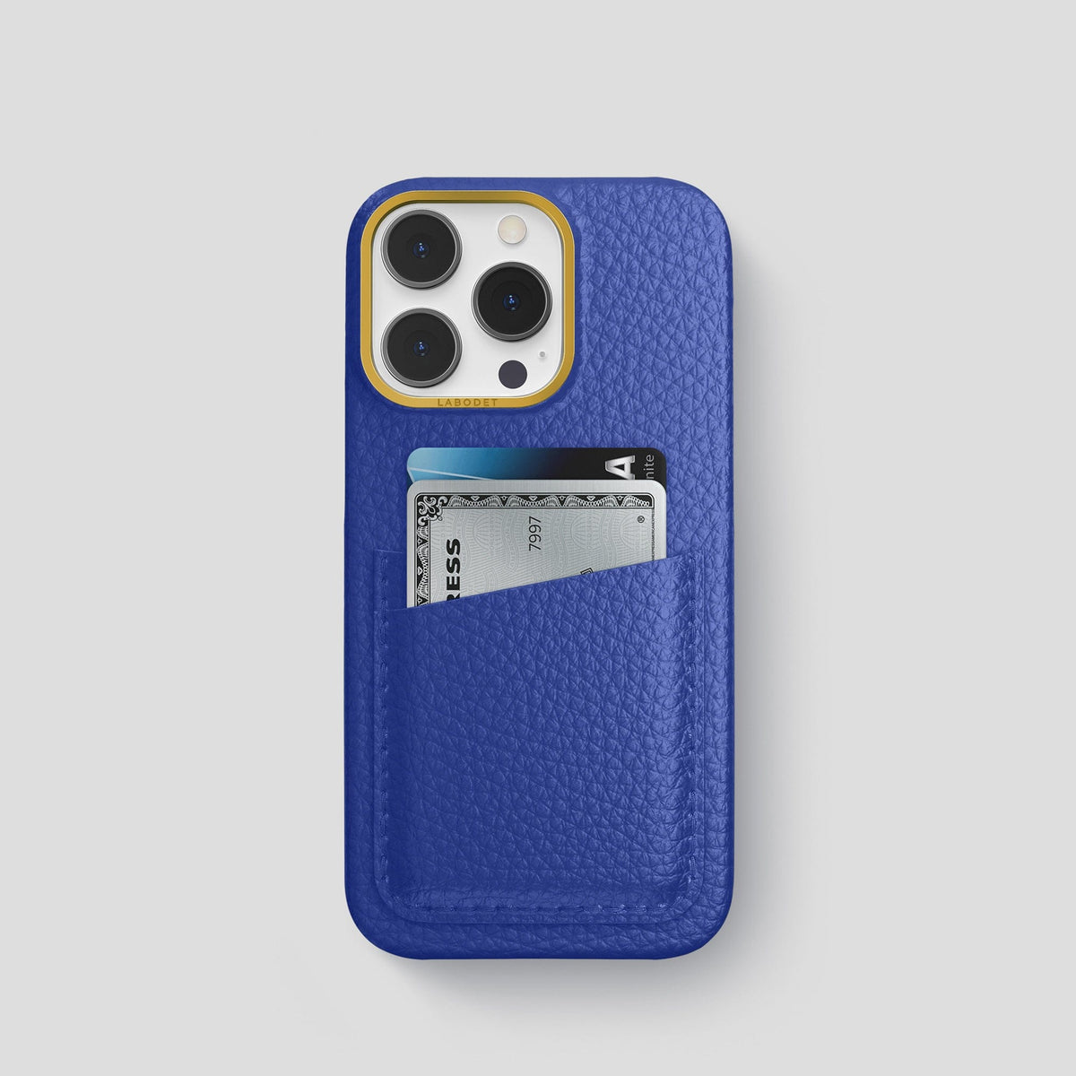Royal Blue iPhone 15 Pro Card Case Calf with Gold Metal -1 | Royal-Blue-Gold