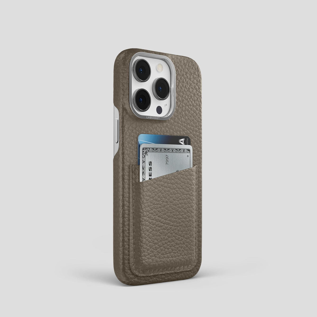 Taupe iPhone 15 Pro Card Case Calf with Steel Metal -2 | Taupe-Steel