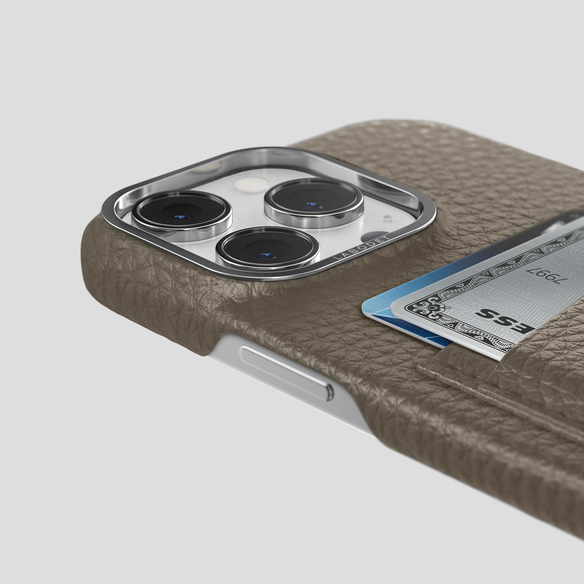 Taupe iPhone 15 Pro Card Case Calf with Steel Metal -5 | Taupe-Steel