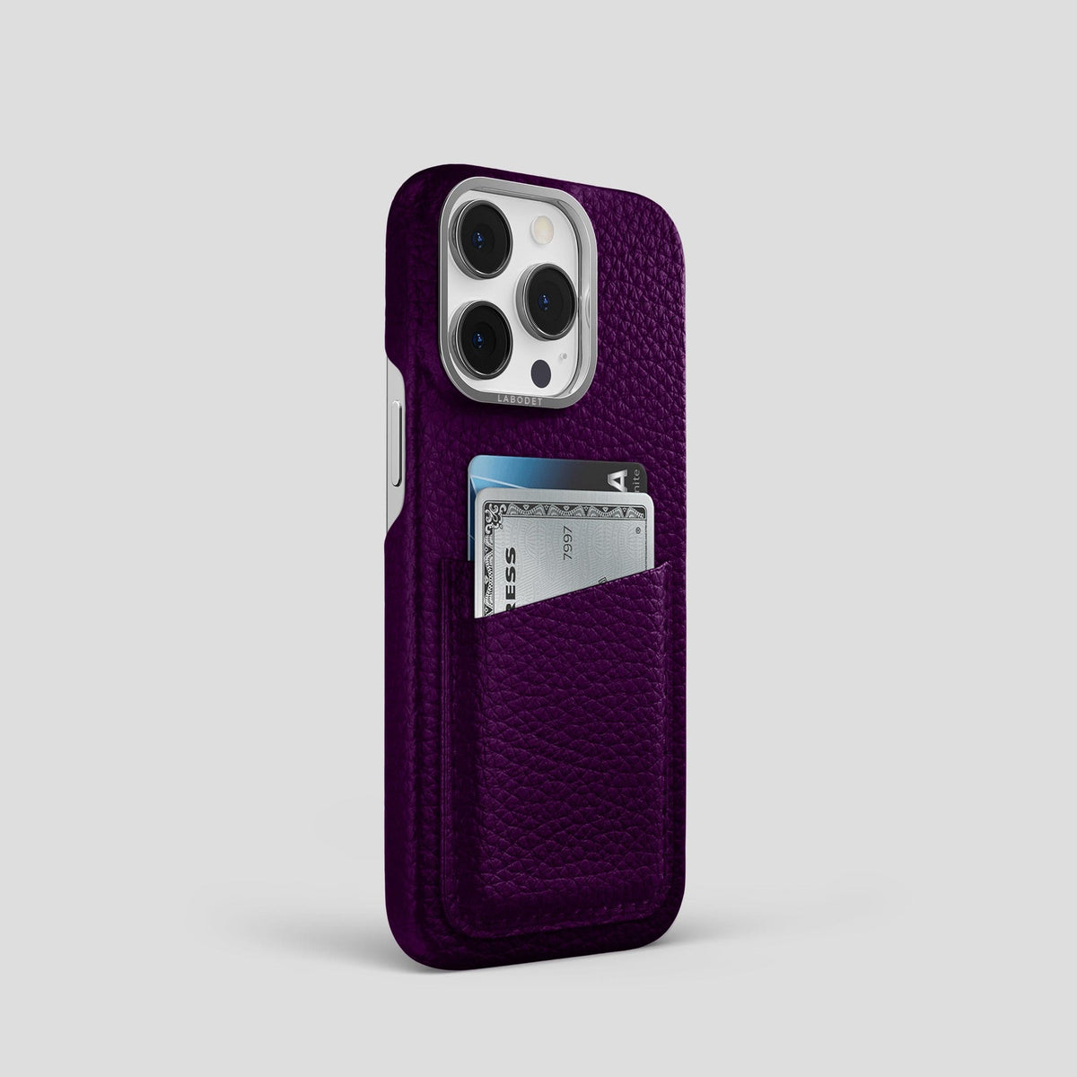Violet iPhone 15 Pro Card Case Calf with Steel Metal -2 | Violet-Steel