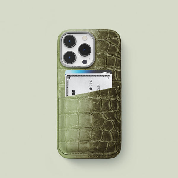 Double Card Case Celadon Green For iPhone 15 Pro In Himalayan Crocodile