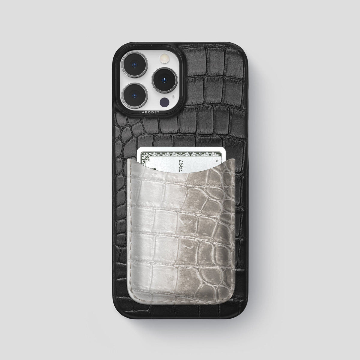 Black iPhone 15 Pro Max Double Card Case Alligator & Himalayan Crocodile with Black Metal -1 | Black-Black