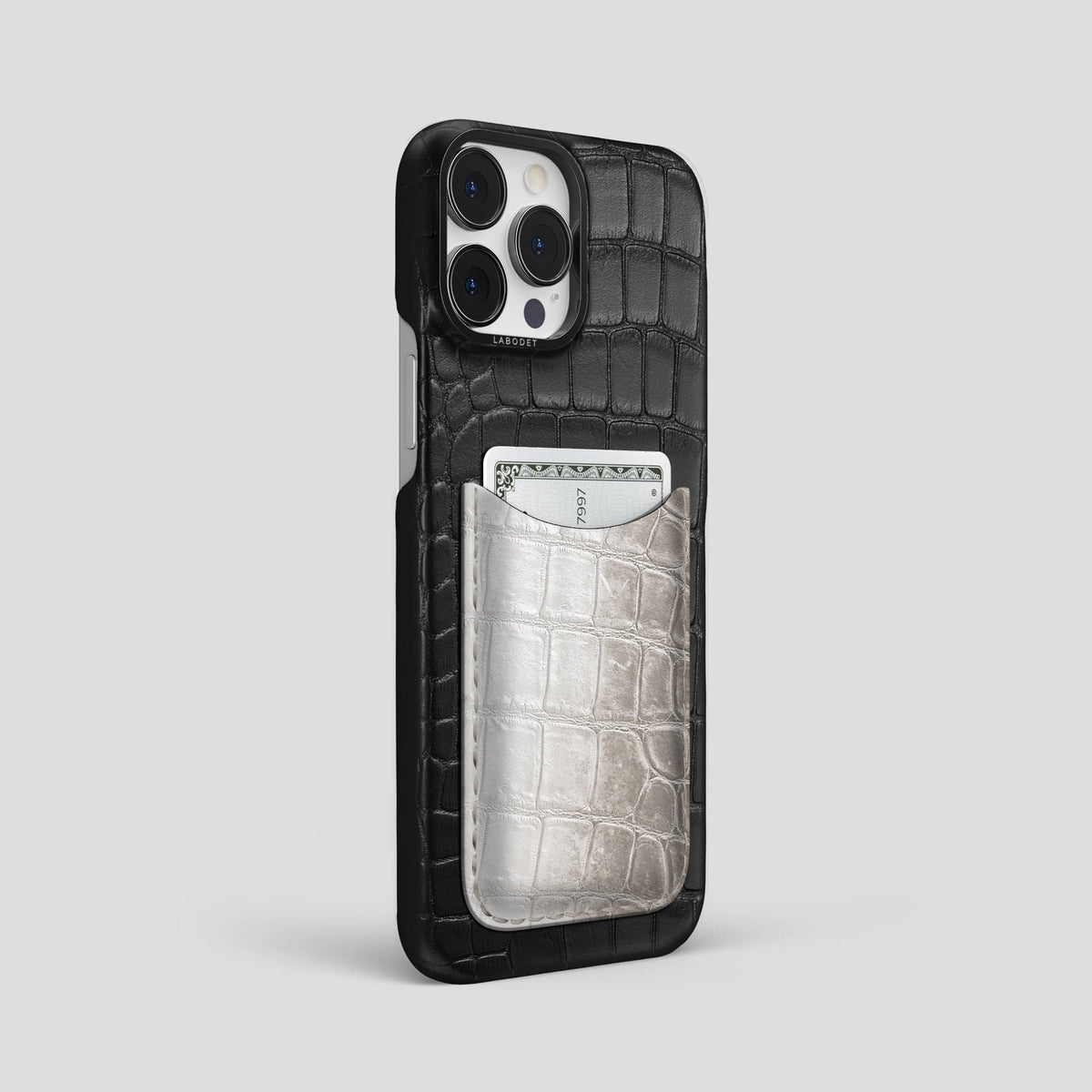 Black iPhone 15 Pro Max Double Card Case Alligator & Himalayan Crocodile with Black Metal -2 | Black-Black